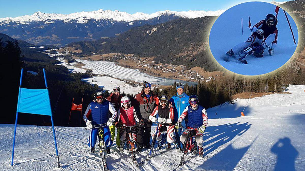 Das Skibob-Nationalteam mit Trainer Helmut Winkler (Zweiter von links) auf der Naggleralm