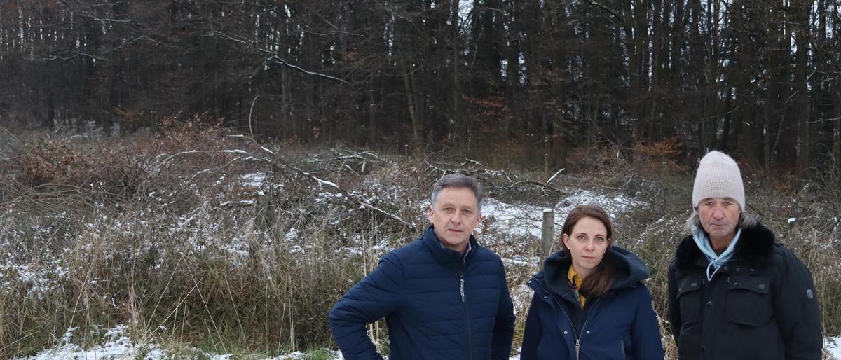 Landtagsabgeordnete Lambert Schönleitner, Vizebürgermeisterin Katharina Schellnegger (beide Grüne) und Sprecher des Vereins „Wald statt Beton“ Hans Fischer