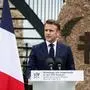 France's President Emmanuel Macron delivers a speech during a ceremony commemorating AS paratroopers and Free French Forces who died in Brittany during World War II, at La Gree mill SAS (Special Air Service) memorial in Plumelec, western France, on June 5, 2024, as part of the "D-Day" commemorations marking the 80th anniversary of the World War II Allied landings in Normandy. The D-Day ceremonies on June 6 this year mark the 80th anniversary since the launch of 'Operation Overlord', a vast military operation by Allied forces in Normandy, which turned the tide of World War II, eventually leading to the liberation of occupied France and the end of the war against Nazi Germany. (Photo by Benoit Tessier / POOL / AFP)