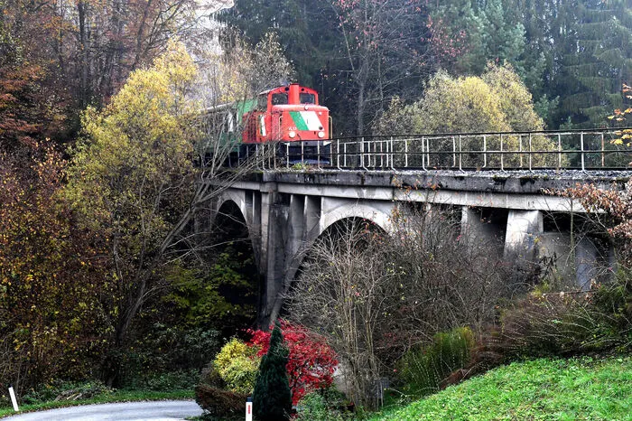 Am Viadukt in Nöstl kamen die diesmal eingesetzte Diesellok und der spätherbstliche Wald besondern schön zur Geltung.