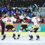 KLAGENFURT,AUSTRIA,03.MAR.24 - ICE HOCKEY - ICE Hockey League, Klagenfurter AC vs Pioneers Vorarlberg. Image shows the rejoicing of Christian Bull, Nick Pastujov and Joonas Oden (Feldkirch).
Photo: GEPA pictures/ Daniel Goetzhaber