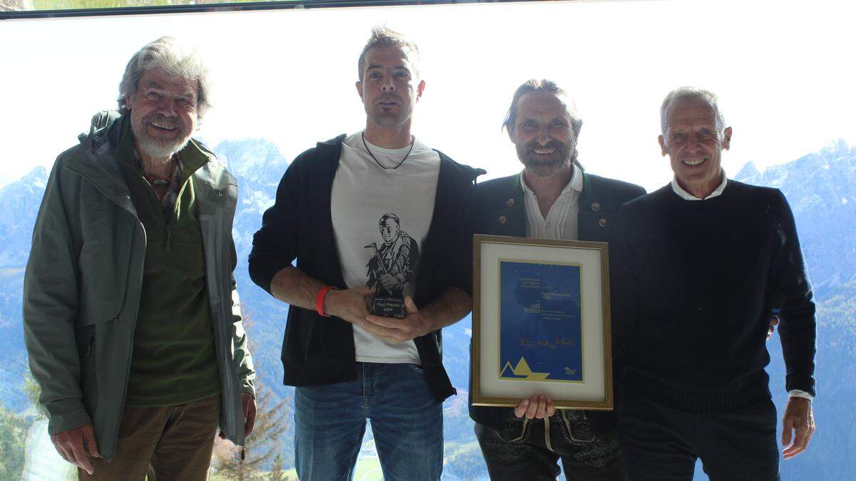 Reinhold Messner, Paul-Preuss-Preisträger Dani Arnold, Kletter-Legende Alexander Huber und Spitzenalpinist und Preuss-Obmann Joe Bachler