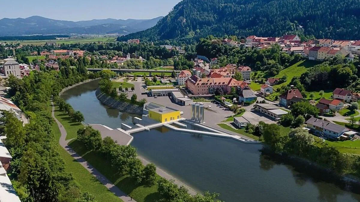 Ein Blick in die Zukunft. So soll Judenburg nach Fertigstellung des Stadtkraftwerkes aussehen. Neu ist ein Weg am bisher nicht zugänglichen linken Murufer	 