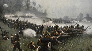 Ölgemälde von Carl Röchling. Es zeigt preußische Soldaten, die im Jahr 1866 im Wald von Swiep kämpfen
