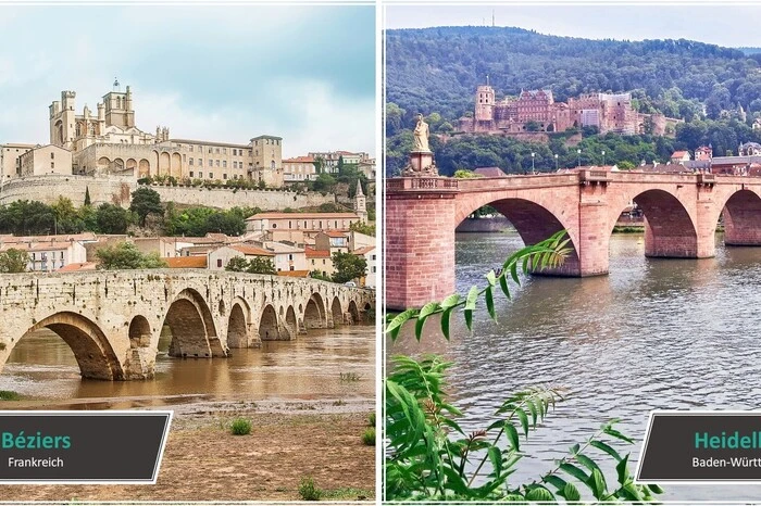 Beziers vs. Heidelberg. Beziers: Im warmen Süden von Frankreich, nur 14 km von der Mittelmeerküste entfernt, liegt die Stadt Béziers. Sie grenzt direkt an den Fluss Orb, der von der berühmten Brücke “Pont Vieux” (Alte Brücke) überführt wird.Heidelberg: Genau wie im französischen Béziers müssen Besucher zunächst den Neckar über die Alte Brücke überqueren, bevor sie den Blick auf die Altstadt genießen können. Als Wahrzeichen der Stadt thronen die Heiliggeistkirche und die Schlossruine erhaben über Heidelberg und kreieren damit ein Bild, das dem in Béziers wohl kaum ähnlicher sein könnte.