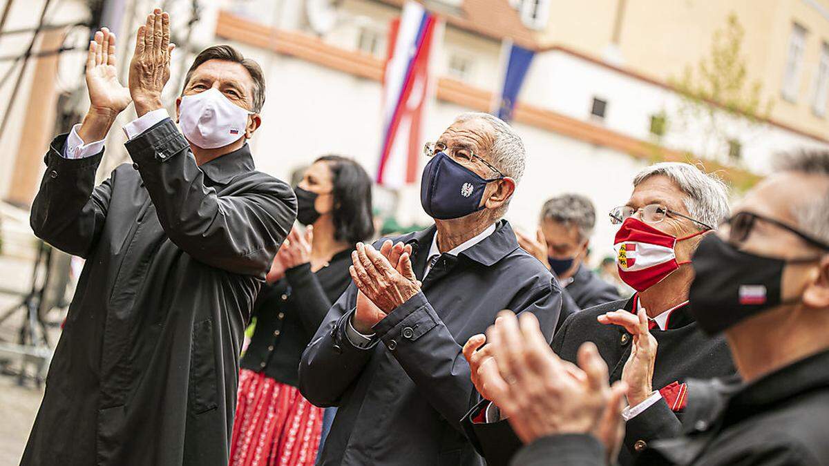 Pahor (links) am Samstag mit Van der Bellen und Kaiser