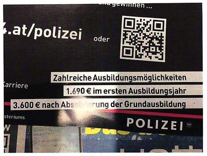 Der Flyer, mit dem die Polizei potenziellen Rekruten 3.600 Euro monatlich in Aussicht stellt