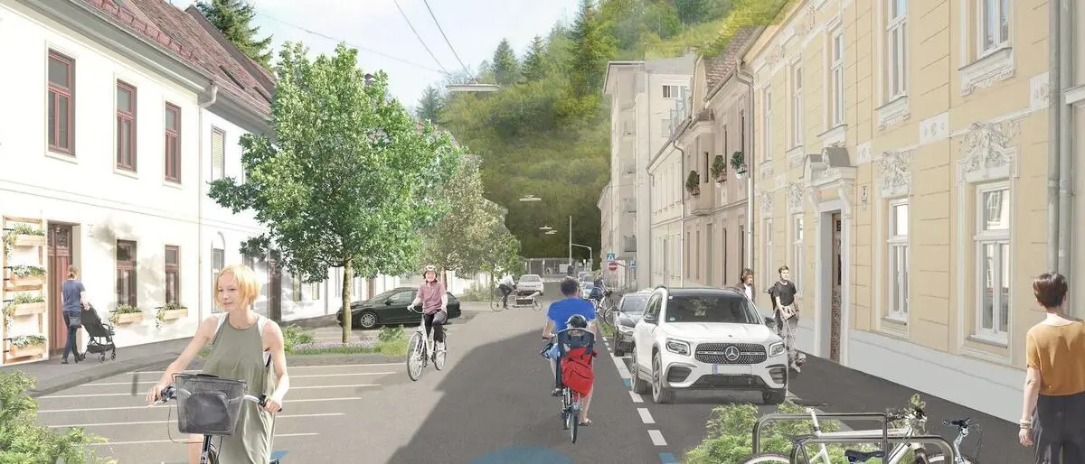 Darstellung der geplanten Fahrradstraße in der Laimburggasse in Graz, Rendering