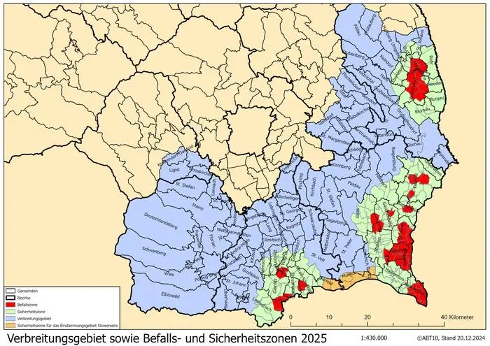 Rebzikaden-Verbreitungsgebiet und -Befallszone für 2025