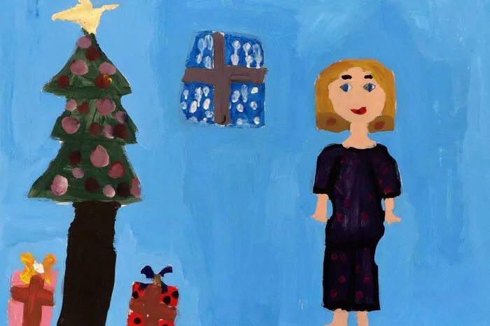 Lili März (9 Jahre) hat gezeichnet. Zu sehen ist ihre Freundin Lisa, die gerade die Geschenke gefunden hat