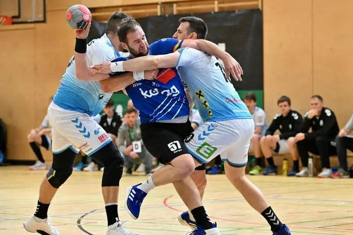#57 LEBAN Patrik SC Ferlach, #10 Perkusic Toni HSG Bärnbach, SC Ferlach vs. HSG Bärnbach/Köflach 30.3.2024, SC Ferlach vs. HSG Bärnbach/Köflach am 30.03.2024 in Ferlach (Ballspielhalle Ferlach), Austria, (Photo by Bernd Stefan)
