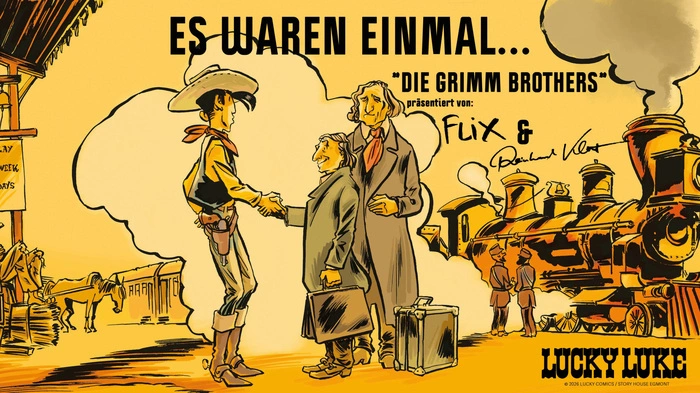 Jacob und Wilhelm Grimm engagieren Lucky Luke als Fremdenführer 