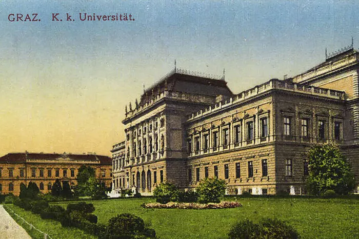 Das Hauptgebäude der Karl-Franzens-Universität - hier auf einer Postkarte - wurde zwischen 1891 und 1895 errichtet. Zur Einweihnung kam Kaiser Franz Joseph I. persönlich nach Graz.