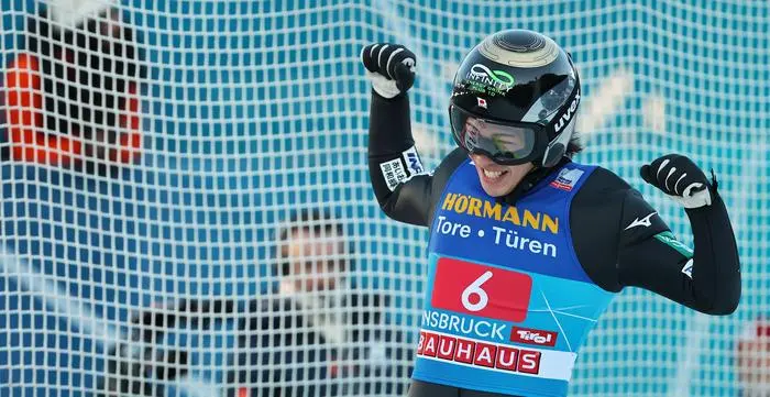 INNSBRUCK,AUSTRIA,04.JAN.26 - NORDIC SKIING, SKI JUMPING - FIS World Cup, Four Hills Tournament, large hill. Image shows the rejoicing of Ren Nikaido (JPN). Photo: GEPA pictures/ Thomas Bachun