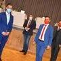 Das neue Stadtratsteam: Stadträtin Angelika Kuss-Bergner (ÖVP), Stadtrat Gerald Grebenjak (FPÖ), Stadtrat Andreas Sneditz (ÖVP), Erster Vizebürgermeister Peter Wedenig (SPÖ), Bürgermeister Markus Lakounigg (SPÖ), Zweiter Vizebürgermeister Aaron Radaelli und Stadtrat Stefan Riepl (von links)