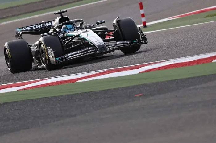 Mercedes' British driver George Russell drives on the third day of the Formula One pre-season testing at the Bahrain International Circuit in Sakhir on February 28, 2025. (Photo by FADEL SENNA / AFP)