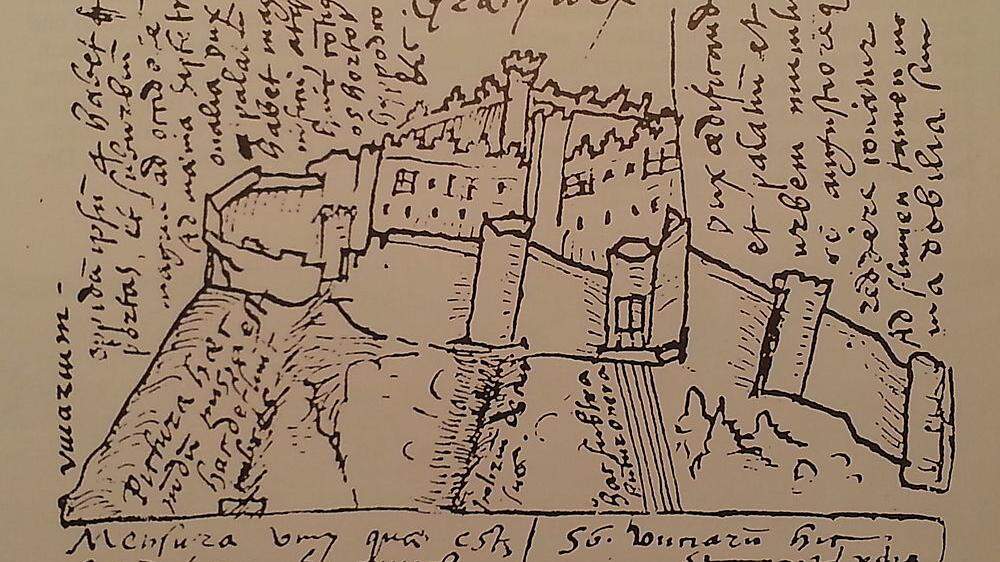 Die Hand- skizze der Grazer Festung am Schloßberg von Hugo Blotius (1571) zeigt mit fünf parallelen Linien den alten Seilzug 	