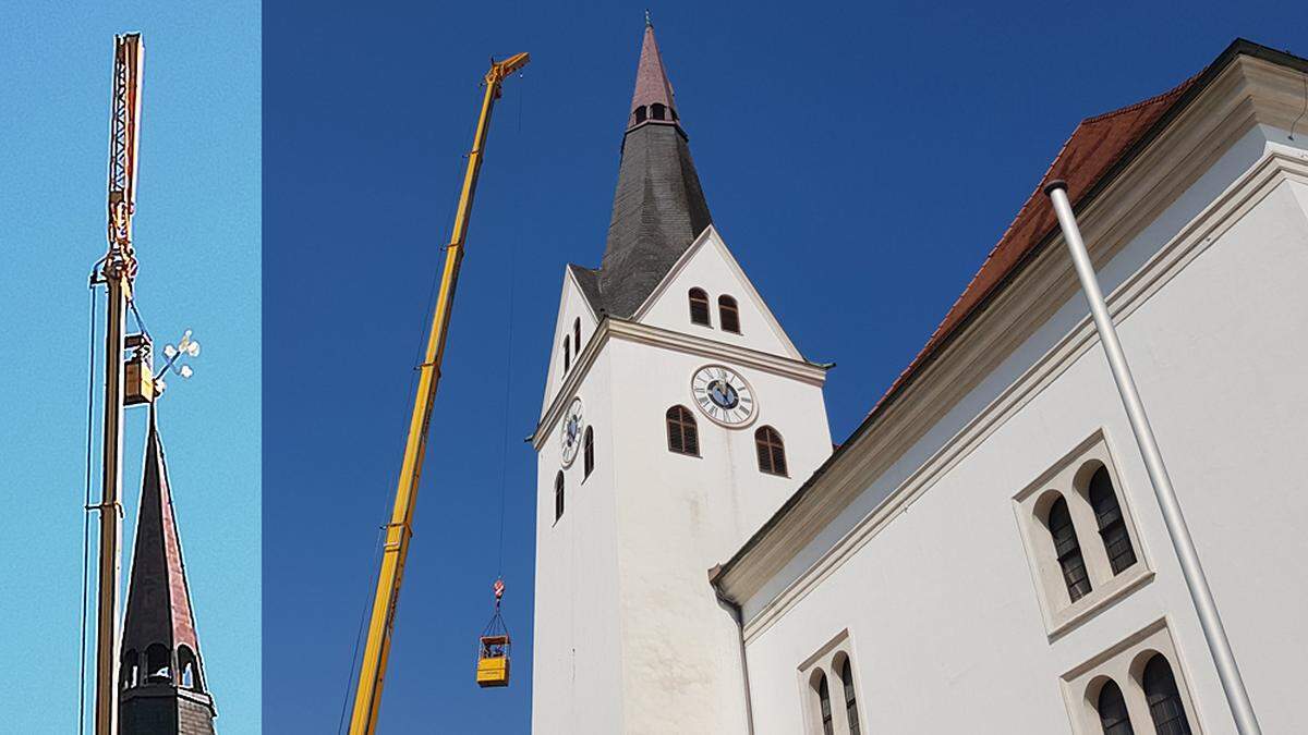 Der Wetterhahn wurde beim Sturm vergangene Woche gehörig verbogen (links)