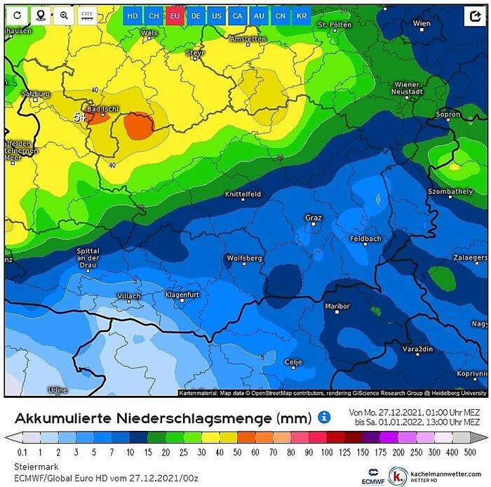 Die meisten Prognosemodelle rechnen diese Woche mit rund 50 Liter Regen pro Quadratmeter im Ausseerland.