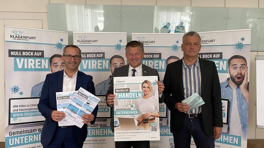 Von links: Gesundheitsreferent Franz Petritz (SPÖ), Bürgermeister Christian Scheider (TK) und Wirtschaftsreferent Max Habenicht (ÖVP) bei der Präsentation der Impfkampagne