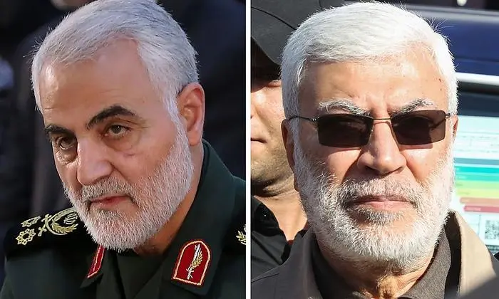 (COMBO) This combination of file photos shows a handout picture provided by the office of the Iranian Ayatollah Ali Khamenei on June 4, 2019 of Iranian Major General in the Islamic Revolutionary Guard Corps (IRGC) Qasem Soleimani (L) in Tehran; and a file photo taken on December 31, 2019 of Abu Mahdi al-Muhandis (R), a commander in the Popular Mobilization Forces, attending a funeral procession of Hashed al-Shaabi fighters in Baghdad. - A US strike killed top Iranian commander Qasem Soleimani and the deputy head of Iraq's Hashed al-Shaabi military force, Abu Mahdi al-Muhandis, at Baghdad's airport early on January 3, 2019, the Hashed announced. (Photo by Handout and Ahmad AL-RUBAYE / IRANIAN SUPREME LEADER'S WEBSITE / AFP) / --- RESTRICTED TO EDITORIAL USE - MANDATORY CREDIT 