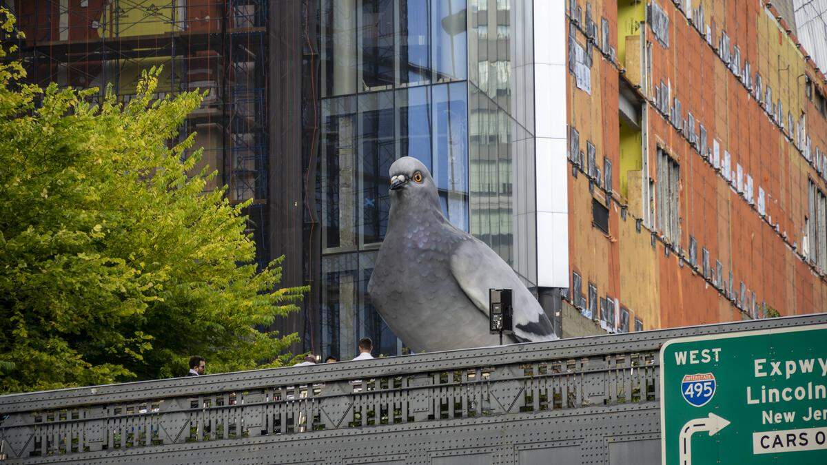 Im High-Line-Park in Manhattan ist eine 6 Meter große Tauben-Skulptur zu sehen