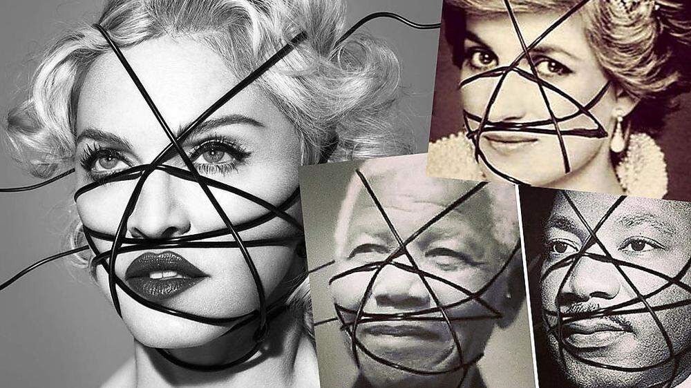 Madonna (links) und ihre "Vorbilder" Nelson Mandela, Martin Luther King und Lady Diana