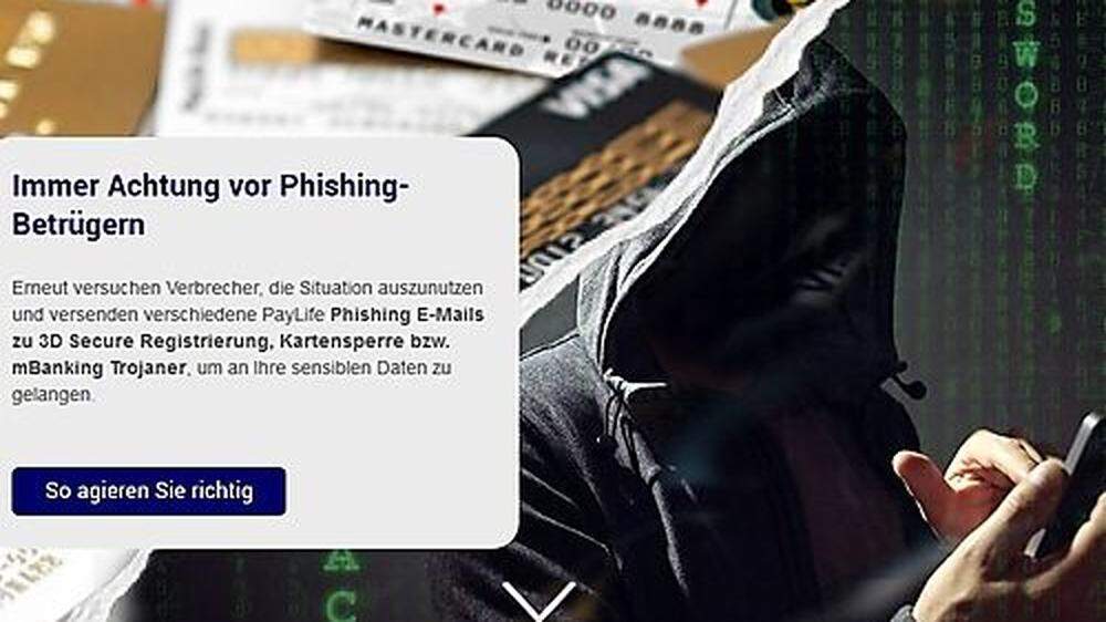 Auf der Homepage warnt Paylife offensiv vor den Phishing-Betrügern.