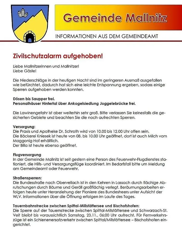 In Mallnitz wurde der Zivilschutzalarm aufgehoben