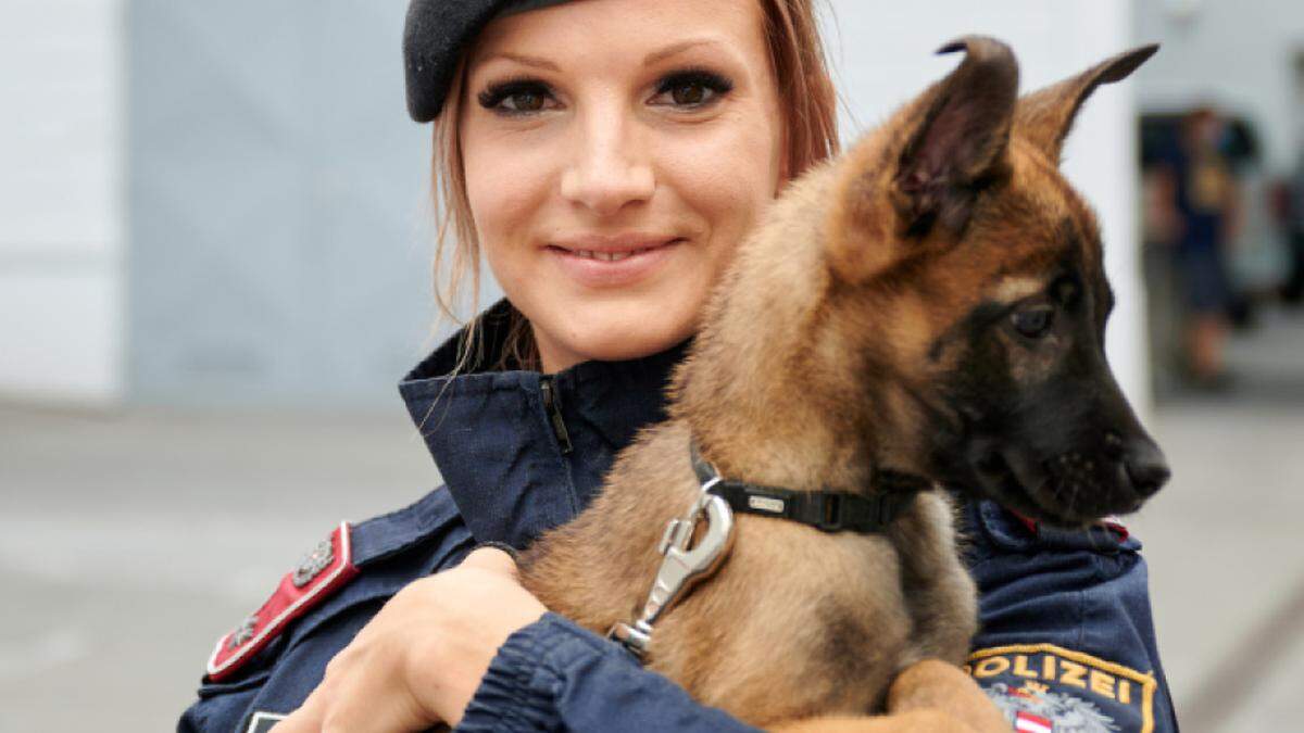 Eine Polizei-Hundeführerin mit einem der Welpen