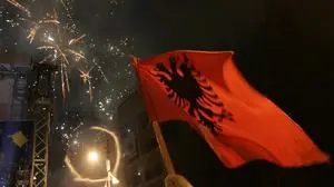 Celebrants enjoy fireworks marking declaration of independence in Pristina, Kosovo,  Sunday, Feb. 17, 2008. Kosovo's parliament declared the disputed territory a nation on Sunday, mounting a historic bid to become an "independent and sovereign state" backed by the U.S. and key European allies but bitterly contested by Serbia and Russia. (AP Photo/Darko Bandic)