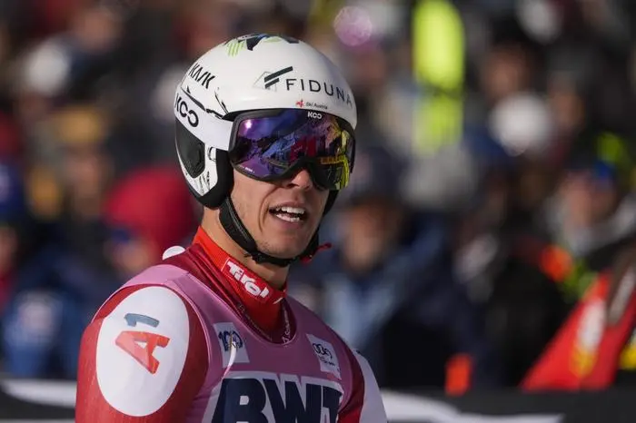 Lukas Feurstein, of Austria, reacts after competing in a men's World Cup super-G ski race, Saturday, Dec. 7, 2024, in Beaver Creek. (AP Photo/Robert F. Bukaty)