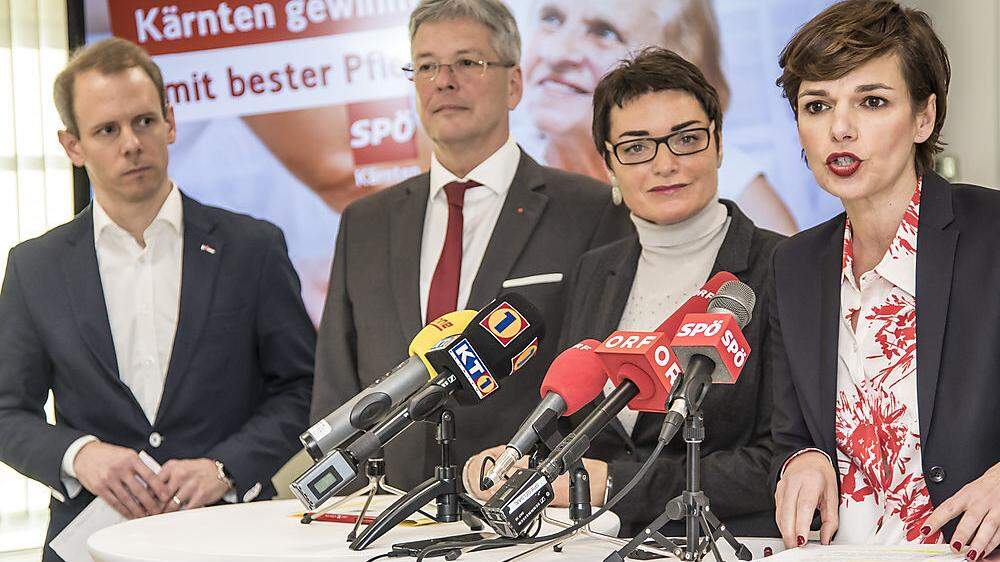 Andreas Sucher, LH Kaiser, Gesundheitsreferentin Beate Prettner und Parteichefin Pamela Rendi-Wagner (von links)