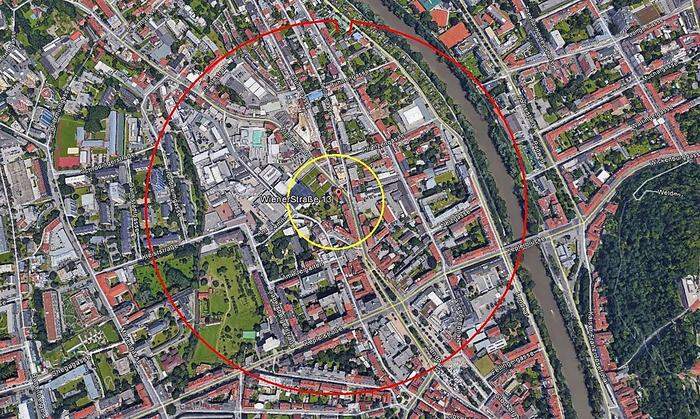 Im Umkreis von 100 Metern (gelberKreis) wird evakuiert, im Umkreis von 400 Metern (roter Kreis) sollten die Bewohner ihre Häuser nicht verlassen