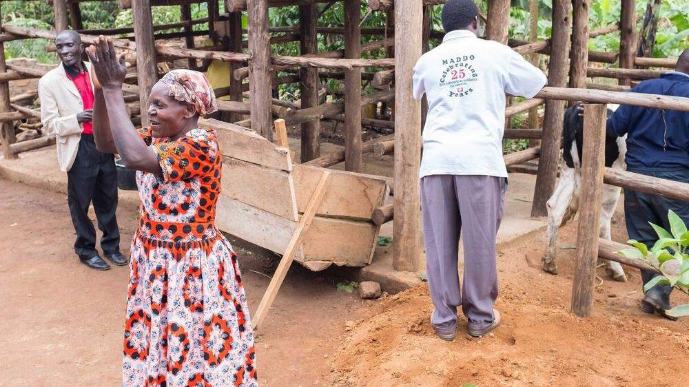 Kleinbäuerin in Uganda, die sich über die Übergabe der Milchkuh freut