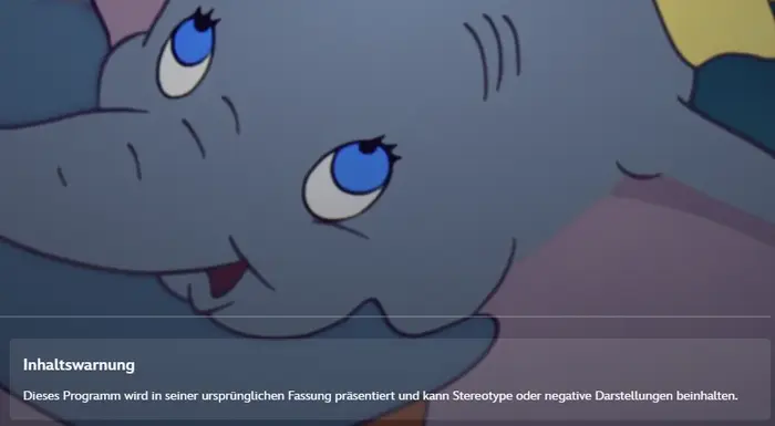 Diese Inhaltswarnung (unterer Bildrand) wird aktuell auf Disney+ angezeigt