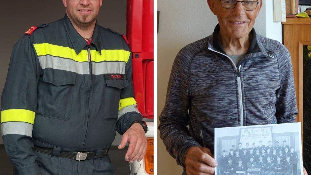 Mit großer Leidenschaft im Feuerwehrdienst: Kommandant Hermann Zechmann und Gründungsmitglied Franz Pilz (88) 