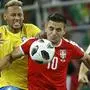Brazil's Neymar, left, Serbia's Dusan Tadic, center, and Antonio Rukavina challenge for the ball during the group E match between Serbia and Brazil, at the 2018 soccer World Cup in the Spartak Stadium in Moscow, Russia, Wednesday, June 27, 2018. (AP Photo/Victor R. Caivano)