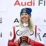 SAALBACH,AUSTRIA,23.MAR.24 - ALPINE SKIING - FIS World Cup Final, downhill, ladies. Image shows the rejoicing of Cornelia Huetter (AUT). Keywords: trophy, crystal globe. Photo: GEPA pictures/ Mario Buehner-Weinrauch