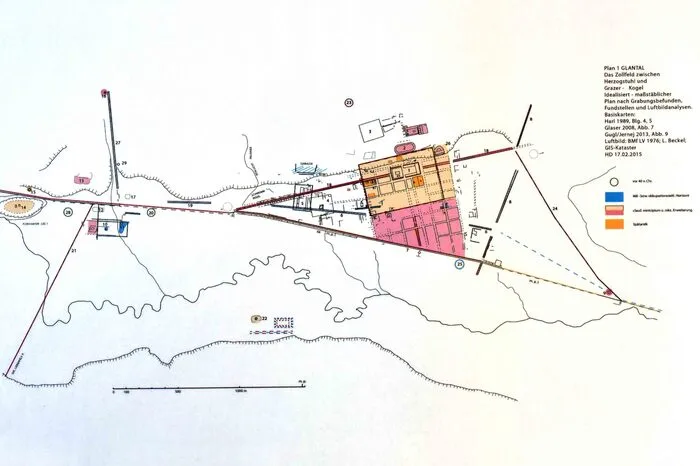 Der Tempelbezirk (oranges Rechteck) ist 160 mal 180 Meter groß und rund drei Hektar groß.