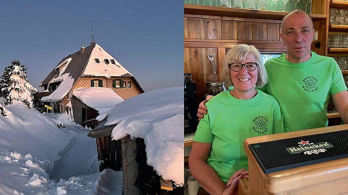 links: aktuelle Aufnahmen der Ottokar-Kernstock-Hütte, rechts: Hüttenwirte Elisabeth und Johannes Gruber  