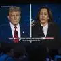 September 10, 2024, Philadelphia, Pennsylvania, USA: Former President DONALD TRUMP and Vice President KAMALA HARRIS are seen on a monitor as guests watch at the Harris-Walz campaign s Presidential Debate Watch Party held at the Cherry Street Pier. Philadelphia USA - ZUMAce6_ 20240910_zaf_ce6_017 Copyright: xBrianxCahnx