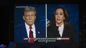 September 10, 2024, Philadelphia, Pennsylvania, USA: Former President DONALD TRUMP and Vice President KAMALA HARRIS are seen on a monitor as guests watch at the Harris-Walz campaign s Presidential Debate Watch Party held at the Cherry Street Pier. Philadelphia USA - ZUMAce6_ 20240910_zaf_ce6_017 Copyright: xBrianxCahnx