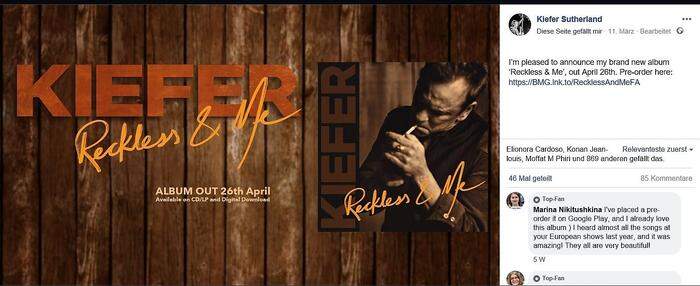 Das neue Album "Reckless & Me" kündigte Kiefer Sutherland via Facebook an