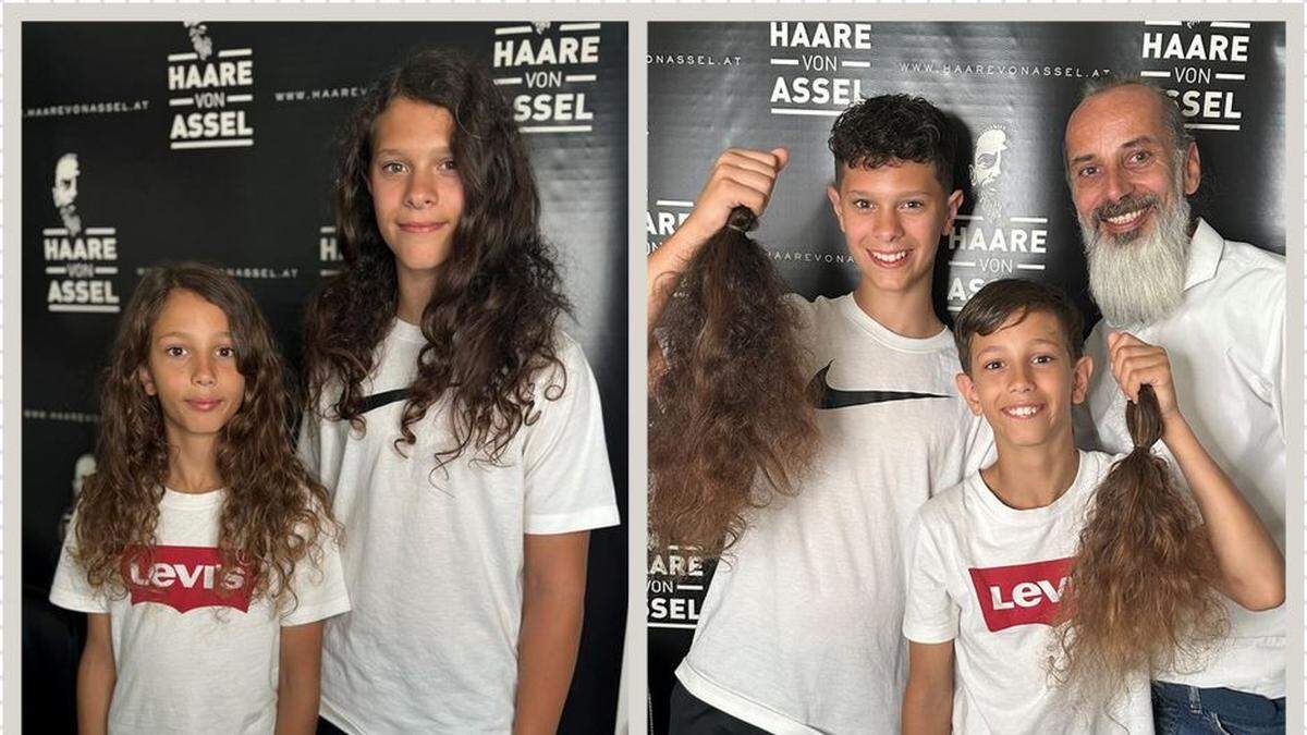 Leon (10) und Laurell (12) Hardank vor und nach der Haarspende mit Friseurmeister Markus Assel