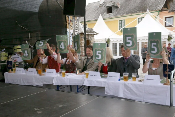 Das Duo hatte sich unter einer gestrengen, zehnköpfigen prominent besetzten Jury - unter ihnen Paralympics-Weltmeister Markus Salcher (2. von rechts) und der Hirter-Chef Niki Riegler (4. von rechts) - gegen 17 Mädels und Burschen aus ganz Kärnten durchgesetzt. 