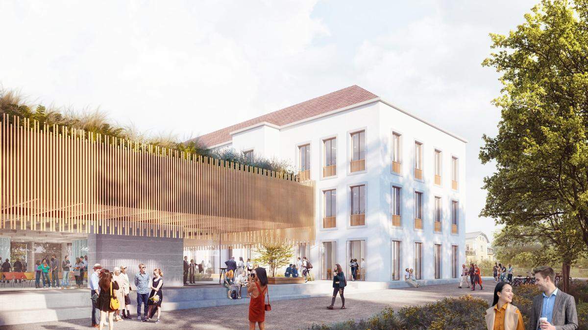 So wird die neue FH in der Kapfenberger Innenstadt aussehen: links der Zubau und rechts der Bestand