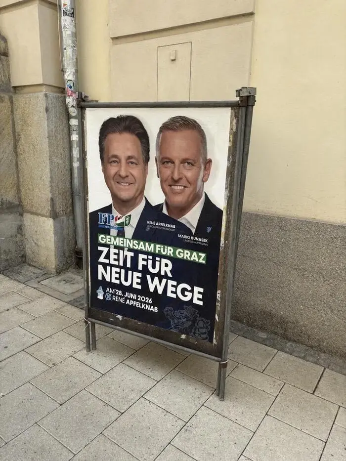 „Zeit für neue Wege“: Wahlplakat der FPÖ mit René Apfelknab und Mario Kunasek