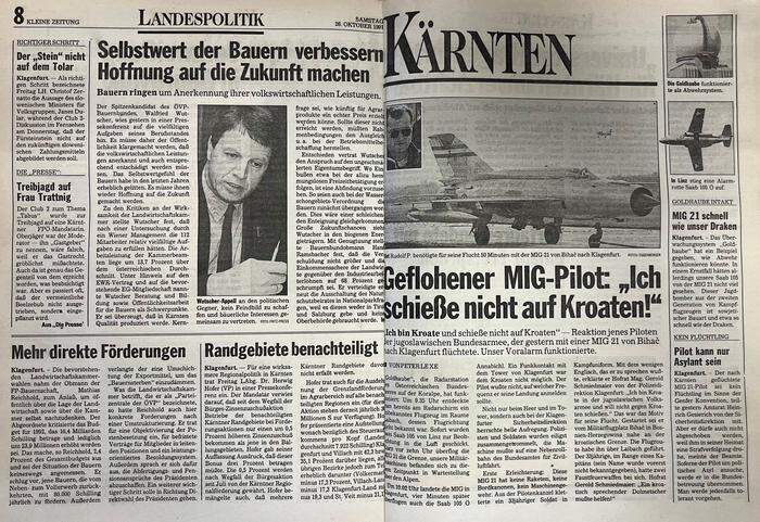 Die Landung der MIG-21 in der Ausgabe der Kleinen Zeitung vom 26. Oktober 1991