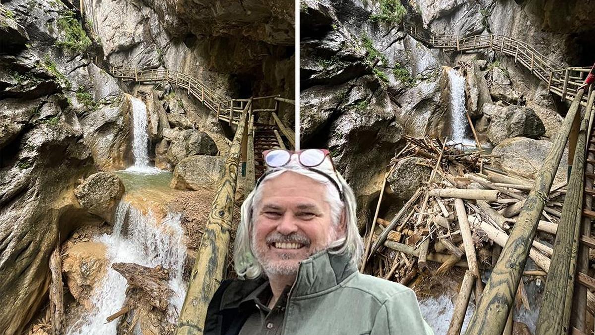 Ein Teil der Bärenschützklamm ist vom Altholz befreit (links). Vor dem Einsatz der Freiwilligen Feuerwehr um Gerhard Jantscher sah es in dem Bereich wüst aus (rechts)